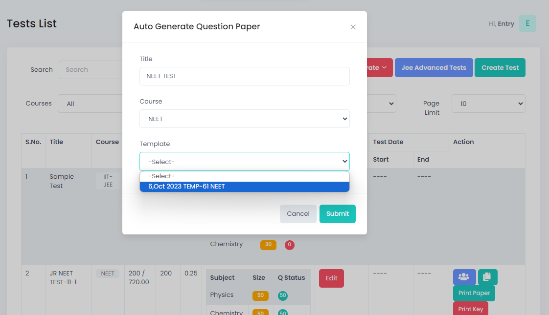 Instant Test Creation for JEE