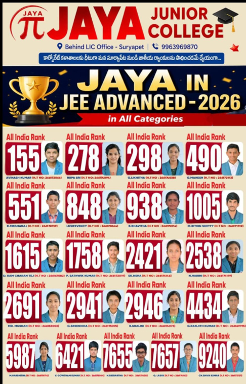 Jaya Junior College JEE Advanced 2026 Ranks